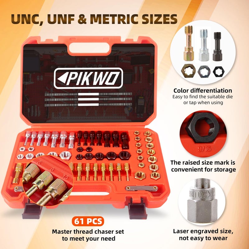 Pikwo 61Pcs Thread Restorer Kit, Rethread Repair Tool, UNC UNF & MetricThread Chaser Set with Thread Pitch Gauge - Image 2